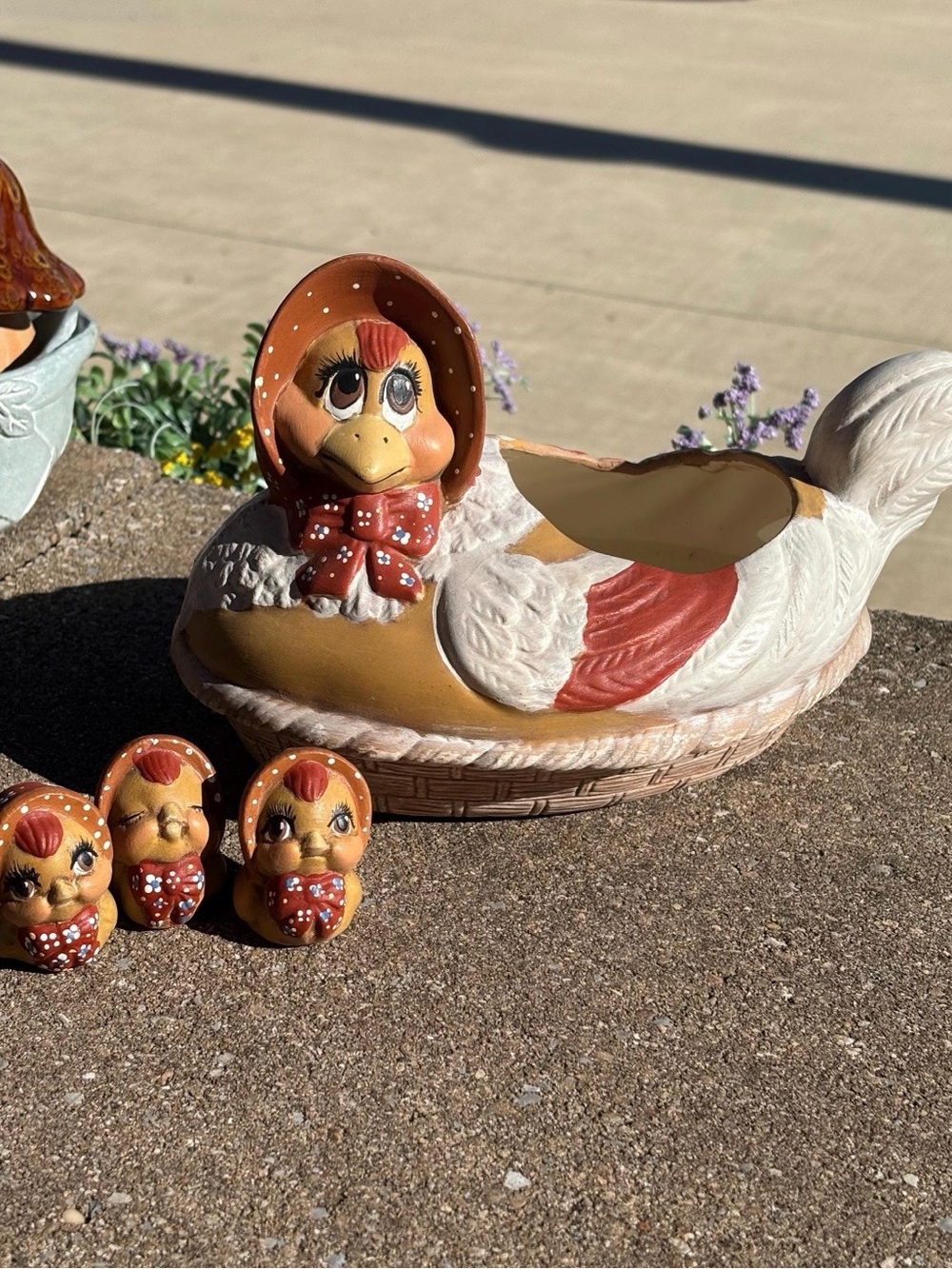 Vintage 1980s Kimple Mold Ceramic Chicken Planter with 3 Chicks, Hand Painted Mo